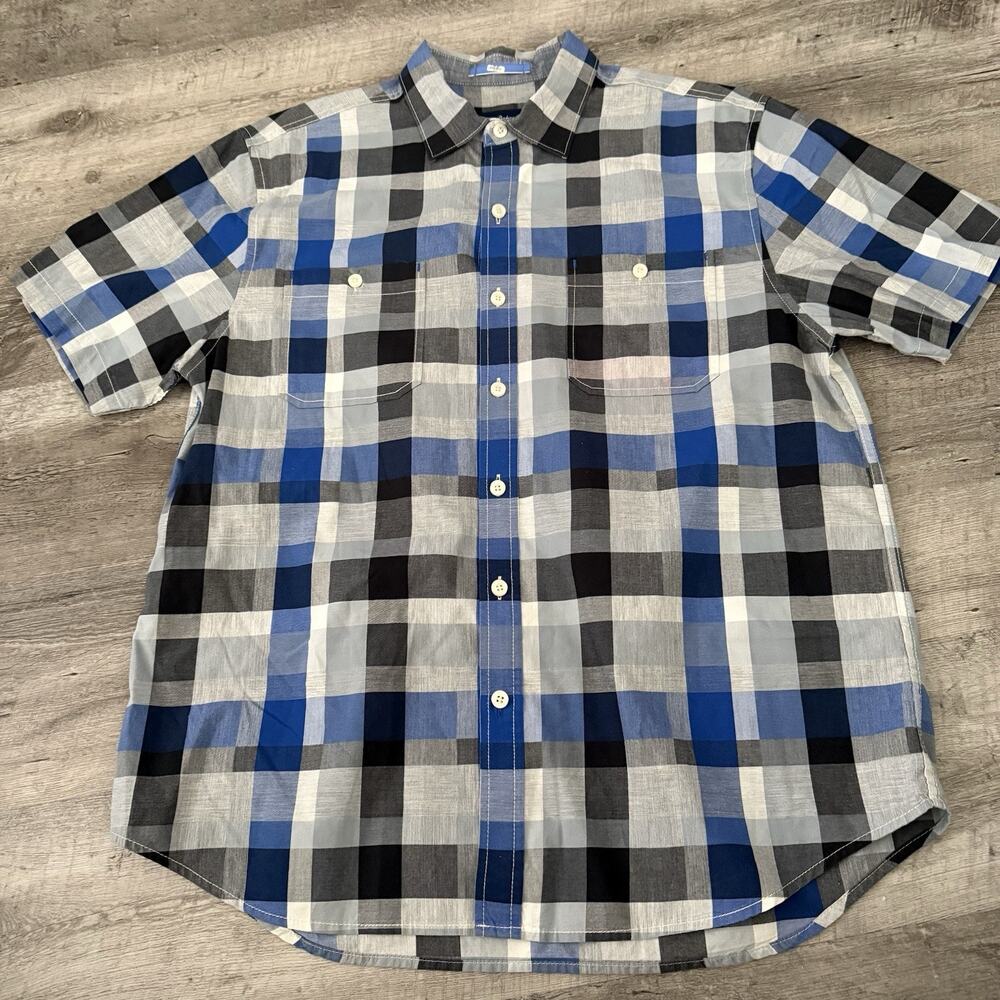 Tommy Bahama Shirt Mens Large Blue Buffalo Plaid Short Sleeve Button Front
